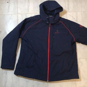 Ororo blue winter jacket. Zip up. Removable hoodie.  Red trim.